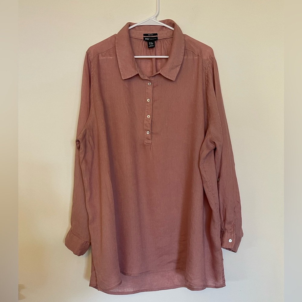 Jones New York 100% Linen Mauve Long-Sleeve Tunic  3xl xxxl dusty pink roll up